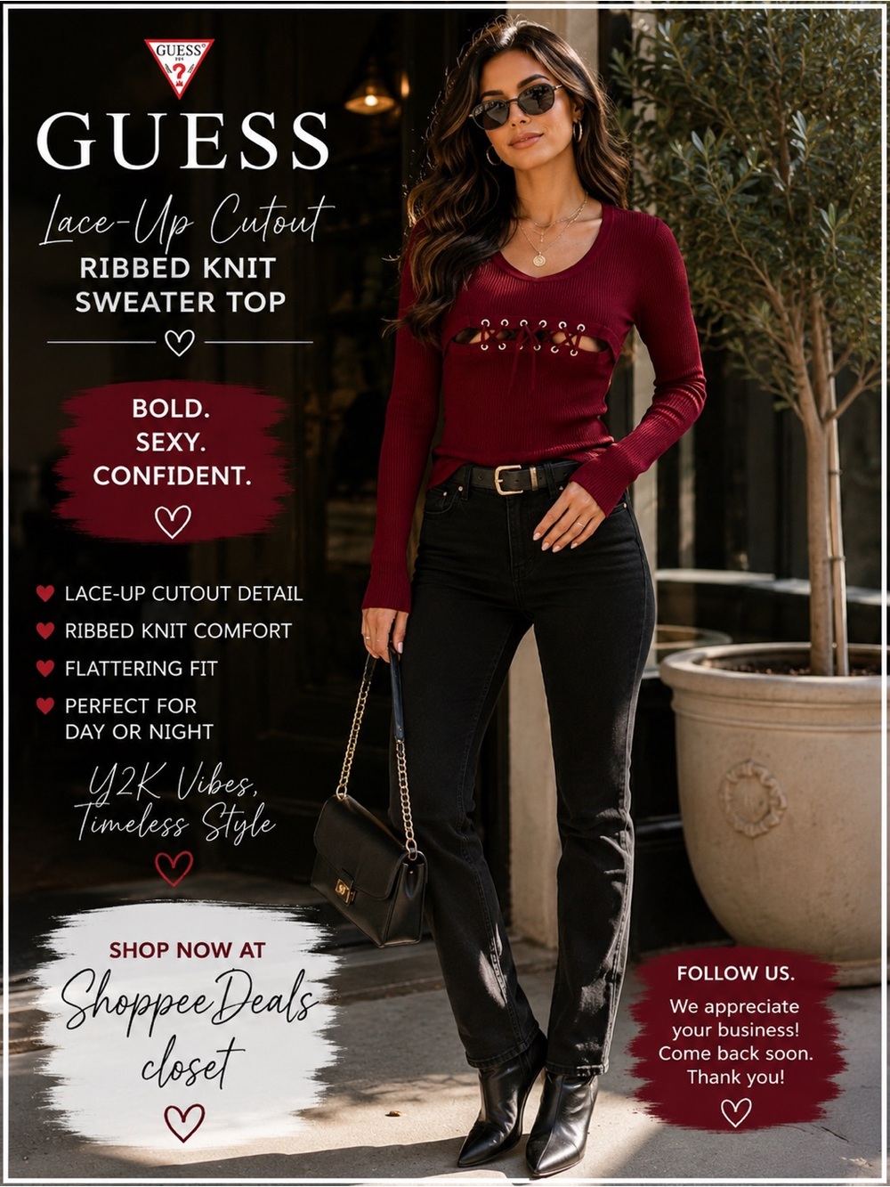 GUESS Lace-Up Cutout Ribbed Knit Sweater Top – Women’s Large – Burgundy Red